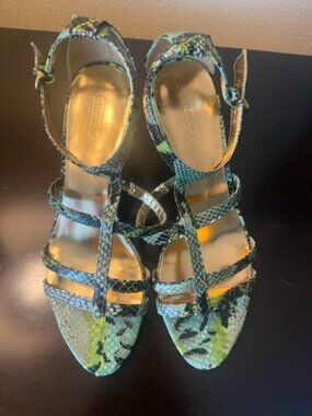 coach strappy heels kitten multicolor snake skin embossed